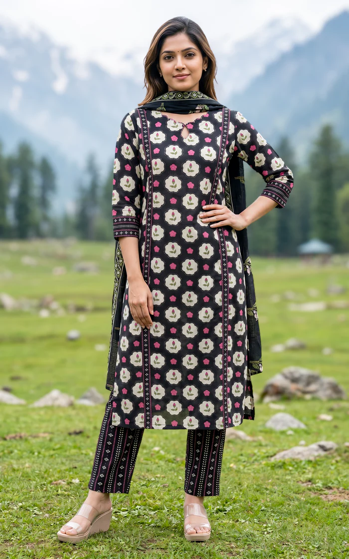 Geometric Printed Straight Kurti Set – Black & Beige